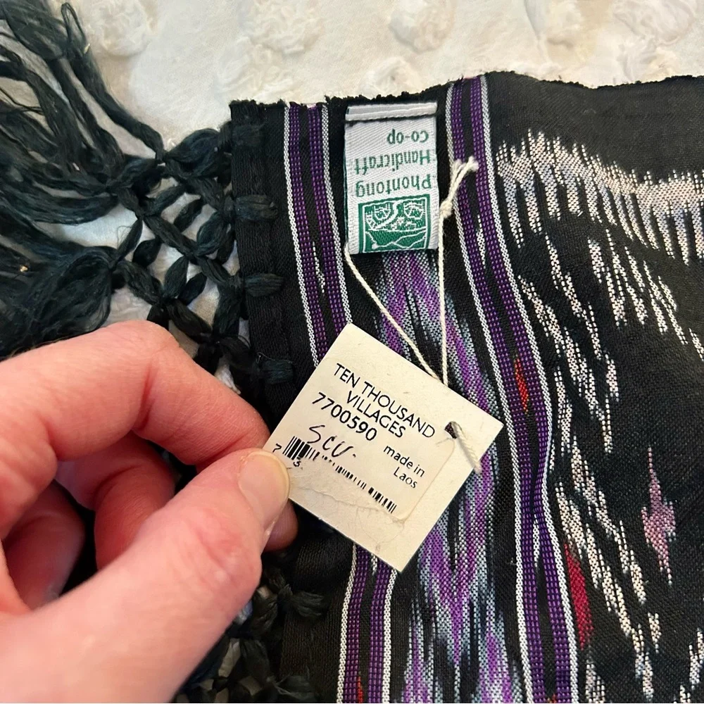 Ten Thousand Villages 100% Silk black and purple woven scarf NWT